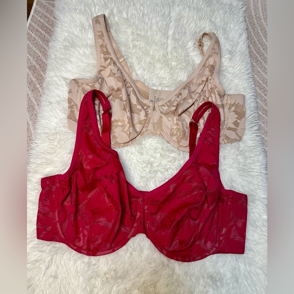 Third Love Unlined Foliage Perfect Coverage Fuchsia Lace Beige Nude Bra 38 F Set